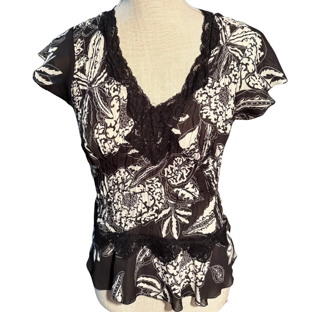 Robbie Bee Semi Sheer Floral Lace Trim Boho Blouse Black White Chiffon Top S